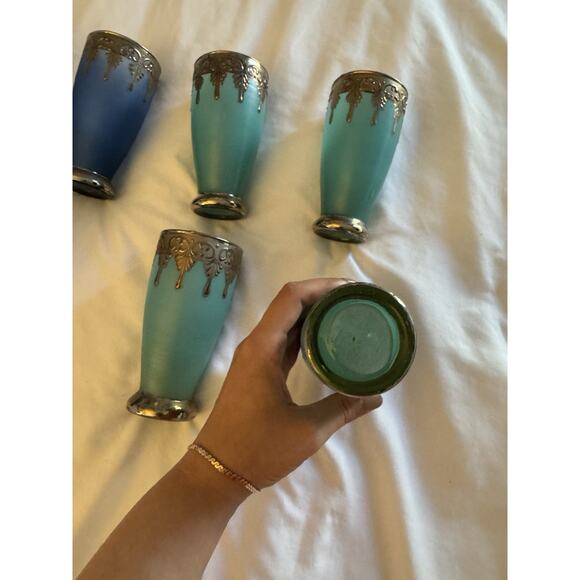 Lot of 7 Blue Glasses Cups Silver Medieval Middle Eastern Home Decor - Picture 8 of 8